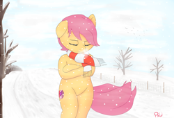 Size: 2200x1500 | Tagged: safe, artist:ponyxwright, character:scootaloo, species:pony, bipedal, clothing, eyes closed, female, scarf, semi-anthro, snow, solo