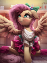Size: 2250x3000 | Tagged: safe, artist:vanillaghosties, character:fluttershy, species:pegasus, species:pony, episode:pet project, eqg summertime shorts, g4, my little pony: equestria girls, my little pony:equestria girls, bow, clothing, cute, equestria girls outfit, equestria girls ponified, female, first aid kit, floppy ears, mare, ponified, shyabetes, skirt, smiling, solo, spread wings, wings