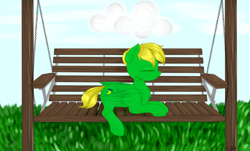 Size: 1024x618 | Tagged: safe, artist:cherry, oc, oc only, oc:rail, species:pegasus, species:pony, bench, blue sky, grass, solo, swing, ych result
