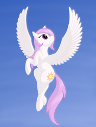 Size: 1500x2000 | Tagged: safe, artist:nebulastar985, character:princess celestia, species:alicorn, species:pegasus, species:pony, fanfic:sunny skies all day long, cute, female, filly, flying, pegasus celestia, pink-mane celestia, race swap, sky, sky background, solo, spread wings, wings, younger