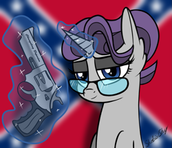 Size: 969x833 | Tagged: safe, artist:shobieshy, oc, oc only, oc:hot lead, species:pony, species:unicorn, bedroom eyes, confederate flag, ear fluff, female, glasses, glowing horn, gun, handgun, horn, levitation, looking at you, magic, mare, revolver, smiling, solo, telekinesis, weapon