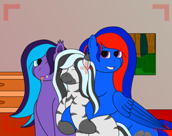 Size: 6318x5000 | Tagged: safe, artist:northern-frost, oc, oc:glory solaris, oc:midnight whistle, oc:northern frost, species:bat pony, species:pegasus, species:pony, species:zebra, absurd resolution, adopted offspring, eyes closed, family photo, looking at camera, offscreen character, one eye closed, smiling, tongue out, wink