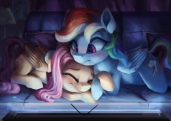 Size: 3600x2550 | Tagged: safe, artist:vanillaghosties, character:fluttershy, character:rainbow dash, species:pegasus, species:pony, backwards cutie mark, couch, cute, dashabetes, duo, eyes closed, female, high res, indoors, lamp, mare, movie, pillow, prone, scared, scary movie, shyabetes, television