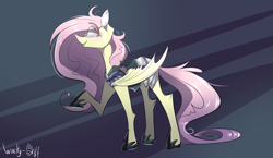 Size: 1900x1100 | Tagged: safe, artist:wacky-skiff, character:flutterbat, character:fluttershy, species:bat pony, species:pony, abstract background, armor, female, hoof shoes, mare, profile, race swap, raised hoof, smiling, solo