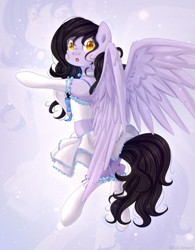 Size: 1620x2079 | Tagged: source needed, safe, artist:pony-ellie-stuart, oc, oc only, oc:tail, species:pegasus, species:pony, beautiful, clothing, cute, freckles, looking at you, looking back, looking back at you, magical girl, moe, signature, skirt, socks, solo, starry eyes, stockings, thigh highs, wing fluff, wingding eyes, ych result