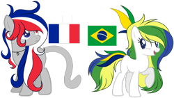 Size: 1024x577 | Tagged: safe, artist:cosmicwitchadopts, species:earth pony, species:pony, nation ponies, blank flank, brazil, cat tail, duo, female, france, mare, ponified, simple background, transparent background