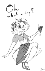 Size: 650x1020 | Tagged: safe, artist:surcouff, character:applejack, species:anthro, breasts, clothing, cocktail, cocktail glass, cute, delicious flat chest, ear piercing, earring, female, flower, flower in hair, freckles, glass, grayscale, happy, high heels, jewelry, looking at you, midriff, monochrome, necklace, piercing, pinup, shoes, skirt, small breasts, smiling, solo, summer, text, upskirt denied
