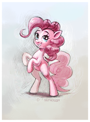 Size: 840x1140 | Tagged: safe, artist:dzmaylon, character:pinkie pie, species:earth pony, species:pony, female, looking at you, mare, rearing, smiling, solo, three quarter view