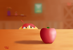Size: 1907x1315 | Tagged: safe, artist:ponyxwright, character:apple bloom, species:pony, apple, blurred background, exclamation point, female, food, solo