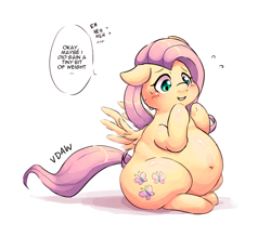 Size: 1600x1400 | Tagged: safe, alternate version, artist:verydefinitelyawolf, character:fluttershy, species:pegasus, species:pony, belly, belly button, big belly, embarrassed, fat, fattershy, female, mare, simple background, solo, weight gain, white background