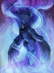 Size: 3000x4000 | Tagged: safe, artist:vanillaghosties, character:princess luna, species:alicorn, species:pony, newbie artist training grounds, ascension, atg 2018, eyes closed, female, majestic, mare, semi-anthro, solo, underhoof