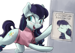 Size: 3600x2550 | Tagged: safe, artist:vanillaghosties, character:coloratura, species:earth pony, species:pony, newbie artist training grounds, atg 2018, clothing, female, high res, mare, open mouth, poster, rara, rarabetes, shirt, smiling, solo
