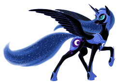 Size: 1920x1323 | Tagged: safe, artist:nebulastar985, character:nightmare moon, character:princess luna, species:alicorn, species:pony, armor, cutie mark, ethereal mane, fangs, female, galaxy mane, helmet, hoof shoes, horn, looking back, mare, moon, open mouth, peytral, raised hoof, simple background, solo, transparent background, wings