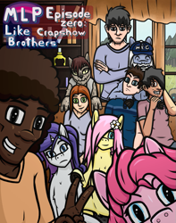 Size: 747x947 | Tagged: safe, artist:purpleakumu, character:fluttershy, character:pinkie pie, character:rarity, oc, species:diamond dog, species:human, clothing, comic, comic cover, fanfic, human in equestria, human male, inside, male