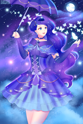 Size: 1280x1920 | Tagged: safe, artist:fluffydus, character:princess luna, species:human, butterfly, female, humanized, meteor shower, moon, solo, stars, umbrella