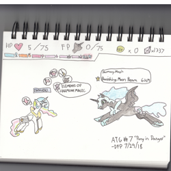 Size: 2000x2000 | Tagged: safe, artist:deluxeflame, character:nightmare moon, character:princess celestia, character:princess luna, newbie artist training grounds, atg 2018, banished to the moon, colored pencil drawing, danger, elements of harmony, paper mario, traditional art