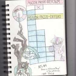 Size: 2000x2000 | Tagged: safe, artist:deluxeflame, character:queen chrysalis, character:twilight sparkle, character:twilight sparkle (alicorn), species:alicorn, species:pony, newbie artist training grounds, against glass, atg 2018, colored pencil drawing, failure, glass, hanging, hanging upside down, keychain, stacker (arcade), traditional art