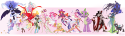 Size: 7800x2282 | Tagged: safe, artist:skirtzzz, character:apple bloom, character:applejack, character:fluttershy, character:king sombra, character:nightmare moon, character:philomena, character:pinkie pie, character:princess cadance, character:princess celestia, character:princess luna, character:queen chrysalis, character:rainbow dash, character:rarity, character:scootaloo, character:spike, character:sunset shimmer, character:sweetie belle, character:trixie, character:twilight sparkle, character:zecora, species:changeling, species:human, armpits, big crown thingy, bikini, boots, card, claws, clothing, cutie mark crusaders, dress, dressphere, female, final fantasy x-2, flying, gala dress, horned humanization, humanized, jewelry, male, mane six, mascot, midriff, regalia, robot, shoes, socks, spike suit, swimsuit, thigh highs, tongue out, winged humanization, wings