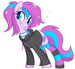 Size: 1566x1440 | Tagged: safe, artist:unichan, base used, oc, oc only, oc:panda shade, species:earth pony, species:pony, blushing, clothing, collar, female, hoodie, mare, simple background, smiling, socks, solo, sparkles, starry eyes, striped socks, transparent background, vector, wingding eyes, ych result