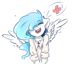 Size: 1280x1101 | Tagged: safe, artist:tavifly, oc, species:pegasus, species:pony, blue hair, blushing, clothing, eyes closed, female, hair over one eye, happy, medic, shirt, simple background, smiling, solo, spread wings, team fortress 2, white background, wings