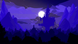 Size: 1920x1080 | Tagged: safe, artist:probaldr, background, castle, full moon, lineless, meteor, meteor shower, moon, night, no pony, ponyville, scenery, shooting star, silhouette, sunset, town, tree, twilight's castle, wallpaper