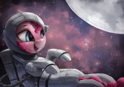 Size: 3600x2550 | Tagged: safe, artist:vanillaghosties, character:pinkie pie, species:earth pony, species:pony, newbie artist training grounds, astronaut, astronaut pinkie, atg 2018, female, moon, open mouth, planet, solo, space, space suit, stars
