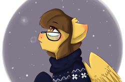 Size: 1280x840 | Tagged: safe, artist:tavifly, oc, species:pegasus, species:pony, breathing, brown eyes, brown hair, clothing, glasses, male, snow, snowfall, snowflake, solo, sweater, wings