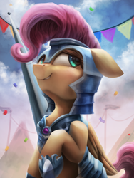Size: 2250x3000 | Tagged: safe, artist:vanillaghosties, character:fluttershy, species:pegasus, species:pony, newbie artist training grounds, armor, atg 2018, cloud, crystal empire, cute, female, high res, human shoulders, jousting, jousting outfit, mare, pole, shyabetes, solo