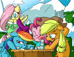 Size: 1300x1000 | Tagged: safe, artist:butts-mcpoop, character:applejack, character:fluttershy, character:pinkie pie, character:rainbow dash, alcohol, clothing, drink, drinking, drinking contest, drunk, drunk aj, drunker dash, eggnog, sick, snow, snowfall, table, vomit, winter