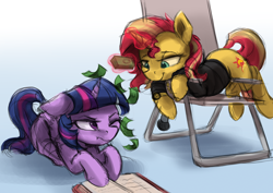 Size: 3600x2550 | Tagged: safe, artist:vanillaghosties, character:sunset shimmer, character:twilight sparkle, character:twilight sparkle (alicorn), species:alicorn, species:pony, newbie artist training grounds, annoyed, atg 2018, book, chair, clothing, cutie mark, female, glowing horn, high res, jacket, magic, making it rain, mare, microphone, money, reading, telekinesis, twilight is not amused, unamused, watch