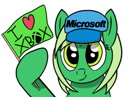 Size: 1720x1300 | Tagged: safe, artist:tazool, oc, oc only, oc:natal, species:earth pony, species:pony, bust, cap, clothing, cute, eyelashes, fan, female, flag, green eyes, green hair, happy, hat, heart, hoof hold, logo, love, mare, microsoft, portrait, simple background, smiling, solo, transparent background, xbox