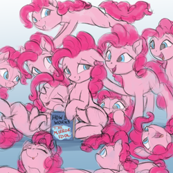 Size: 4000x4000 | Tagged: safe, artist:vanillaghosties, character:pinkie pie, species:earth pony, species:pony, newbie artist training grounds, episode:too many pinkie pies, g4, my little pony: friendship is magic, absurd resolution, atg 2018, book, cave, cave pool, clone, clones, eyes closed, female, mare, mirror pool, multeity, pinkie clone, too much pink energy is dangerous