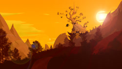 Size: 1920x1080 | Tagged: safe, artist:probaldr, species:griffon, griffonstone, lens flare, lineless, mountain, scenery, silhouette, sun, sunset, tree, wallpaper, wings