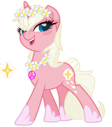 Size: 656x745 | Tagged: safe, artist:bluemoondiancie, artist:lavaroses, artist:melodysweetheart, base used, oc, oc only, oc:sunny springs, parent:lily lace, parent:sunshine smiles, parents:sunlace, species:pony, species:unicorn, icey-verse, bedroom eyes, clothing, female, floral head wreath, flower, flower necklace, hippie, hoof shoes, jewelry, magical lesbian spawn, mare, necklace, next generation, offspring, open mouth, peace sign, shoes, simple background, solo, valley girl, white background