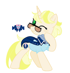 Size: 294x308 | Tagged: safe, artist:bluemoondiancie, artist:lavaroses, artist:melodysweetheart, base used, oc, oc only, oc:trender, parent:lily lace, parent:sunshine smiles, parents:sunlace, species:pony, species:unicorn, icey-verse, clothing, coat, female, glasses, hipster, magical lesbian spawn, mare, next generation, offspring, one eye closed, scarf, shirt, simple background, solo, sunglasses, white background, wink