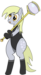 Size: 2000x3600 | Tagged: safe, artist:tazool, character:derpy hooves, species:pegasus, species:pony, bubble, bubble butt, clothing, cute, cutie mark, derp, eyelashes, female, food, gloves, holding, leotard, mage, magic, mare, muffin, semi-anthro, simple background, smiling, socks, solo, staff, standing, suit, that one nameless background pony we all know and love, thunder thighs, tight clothing, tongue out, transparent background, warcraft, wide hips, yellow hair