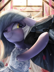 Size: 2250x3000 | Tagged: safe, artist:vanillaghosties, character:limestone pie, character:tom, species:earth pony, species:pony, bride, cargo ship, clothing, crack shipping, cute, dress, female, limabetes, mare, one eye closed, shipping, solo, tuxedo, wedding dress, wink