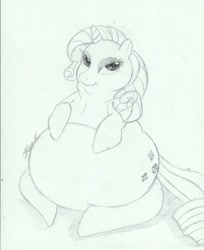 Size: 1045x1280 | Tagged: safe, artist:bunearyk, character:rarity, species:pony, species:unicorn, fat, female, mare, obese, raritubby, sitting, sketch, solo, traditional art