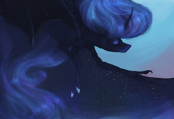 Size: 3500x2407 | Tagged: safe, artist:eugenchen, character:nightmare moon, character:princess luna, species:alicorn, species:pony, abstract background, bat wings, curved horn, eyes closed, female, flying, freckles, long hair, mare, solo, stars, wing claws