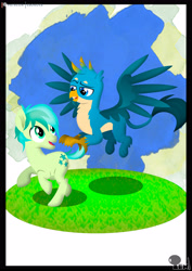 Size: 3508x4961 | Tagged: safe, artist:edonovaillustrator, character:gallus, character:sandbar, species:earth pony, species:griffon, species:pony, beak, chest fluff, cutie mark, duo, flying, lineless, looking at each other, looking back, male, open mouth, paws, smiling, wings