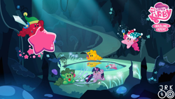 Size: 1024x576 | Tagged: safe, artist:jrk08004, character:pinkie pie, character:twilight sparkle, cave, cave pool, crossover, kirby, kirby (character), kirby pie, kirby twilight, kirbyfied, mirror pool, star rod, sword, warp star, weapon