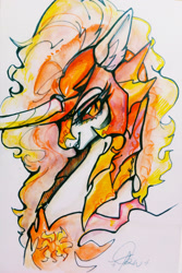 Size: 2002x2996 | Tagged: safe, artist:goldenrainynight, character:daybreaker, character:princess celestia, species:pony, bust, female, fire, helmet, horn, mane of fire, mare, portrait, sharp teeth, signature, simple background, solo, teeth, traditional art, white background