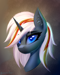 Size: 800x1000 | Tagged: safe, artist:xeniusfms, oc, oc:velvet remedy, species:pony, species:unicorn, fallout equestria, abstract background, blue eyes, bust, fanfic art, female, looking at you, mare, smiling, solo, wrong eye color