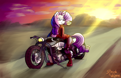 Size: 1700x1100 | Tagged: safe, artist:darkvulpes, character:rarity, species:anthro, biker, bobber, clothing, cloud, female, jacket, latex, leaning forward, looking back, motorcycle, smiling, solo, sunset