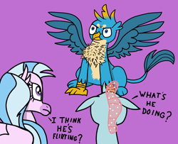 Size: 2764x2244 | Tagged: safe, artist:paw-of-darkness, character:gallus, character:ocellus, character:silverstream, species:changeling, species:classical hippogriff, species:griffon, species:hippogriff, species:reformed changeling, ship:gallstream, ship:luslus, behaving like a bird, birds doing bird things, catbird, chest fluff, courtship, female, flirting, gallus gets all the creatures, gallus gets all the mares, griffons doing bird things, male, puffy cheeks, shipping, simple background, straight, text
