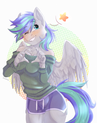 Size: 2360x3000 | Tagged: safe, artist:swoopypoolin, oc, oc only, oc:storm feather, species:anthro, species:pegasus, species:pony, anthro oc, blushing, clothing, female, heart, heart hands, mare, one eye closed, pictogram, rule 63, shorts, smiling, solo, sweater, wink, ych result