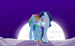 Size: 4867x3035 | Tagged: dead source, safe, artist:sparkle-bubba, character:rainbow dash, character:soarin', ship:soarindash, moon, romantic, shipping, snow