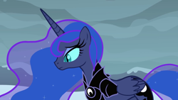 Size: 1920x1080 | Tagged: safe, artist:sillyfillystudios, character:nightmare moon, character:princess luna, species:alicorn, species:pony, armor, fall of the crystal empire, female, foreshadowing, internal conflict, nightmare luna, sad, slit eyes, thinking