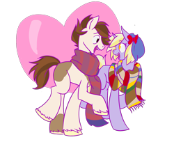 Size: 1900x1550 | Tagged: safe, artist:augustraes, character:dinky hooves, character:pipsqueak, species:earth pony, species:pony, species:unicorn, ship:dinkysqueak, clothing, female, fourth doctor's scarf, hat, male, older, scarf, shipping, straight