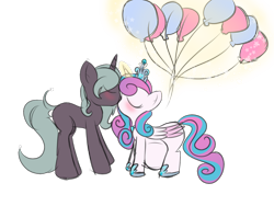 Size: 1600x1200 | Tagged: safe, artist:rubyg242, character:princess flurry heart, oc, oc:shimmering glow, parent:king sombra, parent:radiant hope, parents:hopebra, species:alicorn, species:pony, species:unicorn, adult, balloon, blushing, canon x oc, couple, eyes closed, female, flurryglow, glowing horn, husband and wife, kissing, magic, male, married couple, multiple pregnancy, offspring, offspring shipping, older, older flurry heart, pregnant, shipping, simple background, straight, transparent background